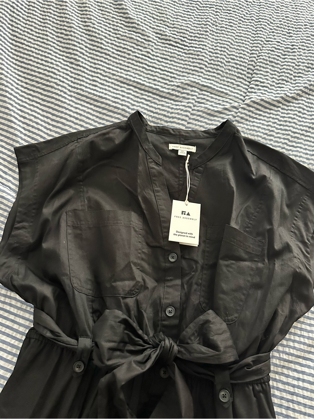 NWT Free Assembly Black Button-Front Midi Dress with Waist Tie - Picture 3 of 10